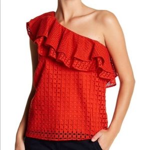 J.Crew One-Shoulder Red Ruffle Eyelet Top